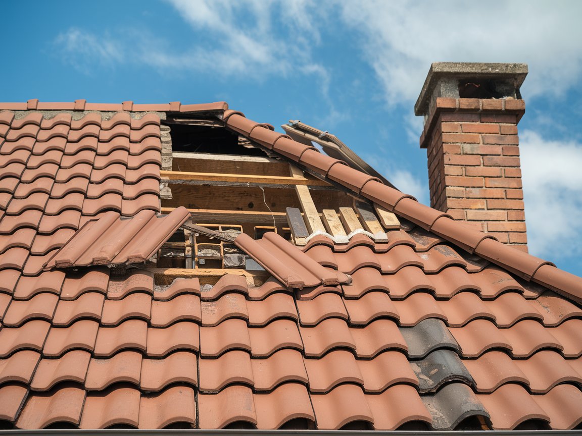 A roof with broken and missing clay tiles, revealing wooden beams underneath.