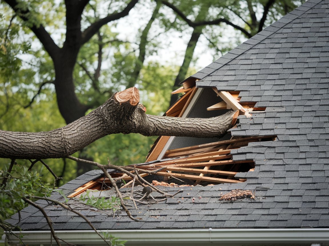 A large tree branch has fallen onto a roof, breaking through the shingles and damaging the underlying structure.