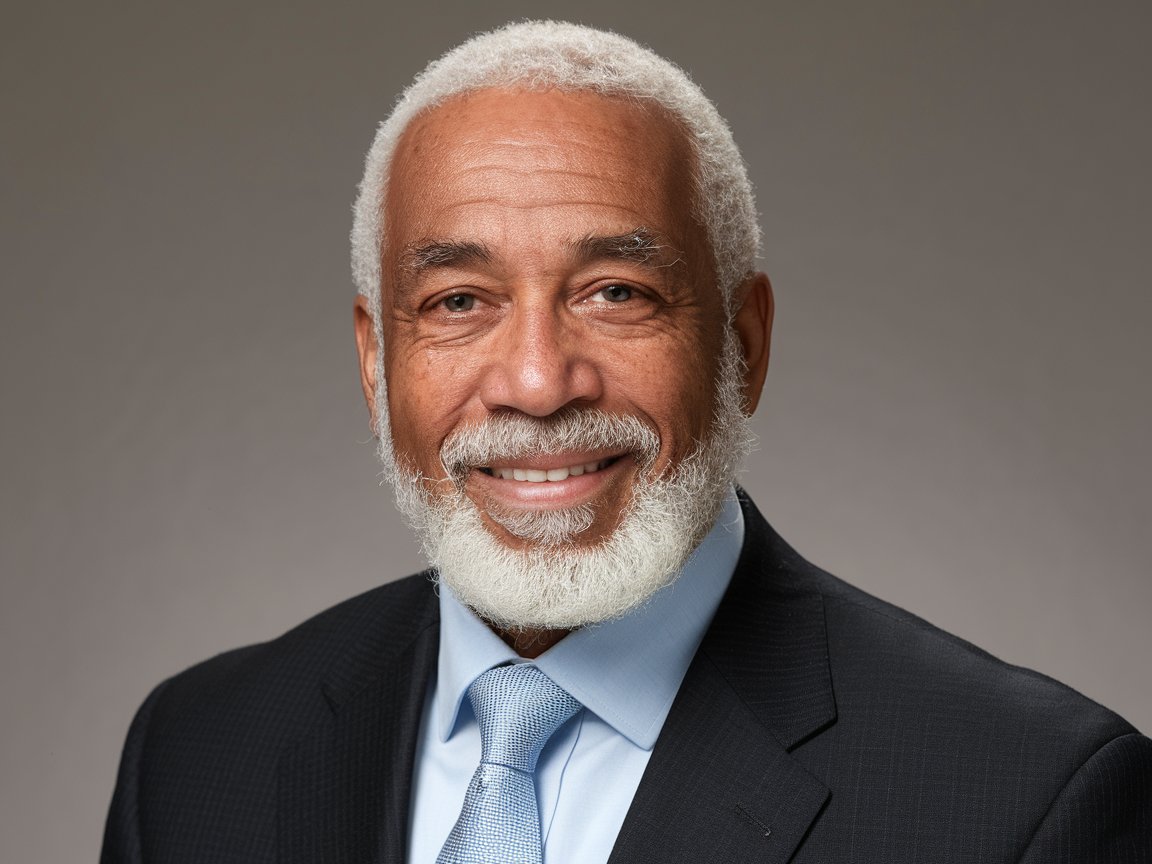 A man with white hair and a beard in a dark suit and light blue tie smiling.