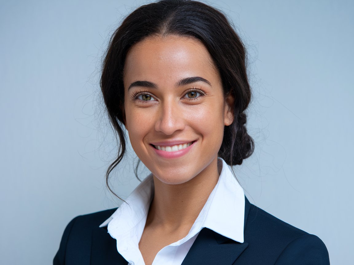 Smiling woman in business attire with her hair tied back.