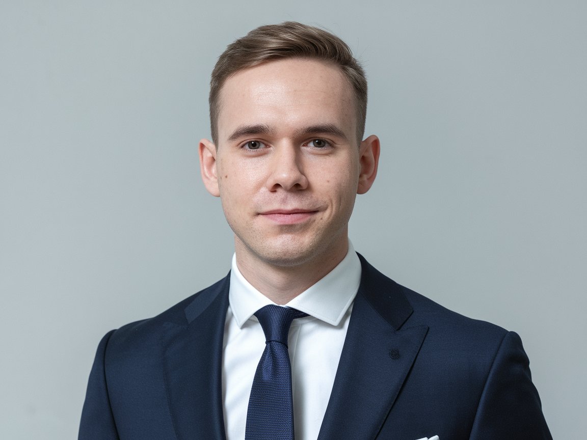 Man wearing a tailored suit and tie with a confident expression.