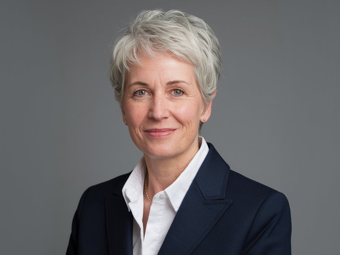 A professional woman with short silver hair wearing a navy blazer and white shirt.