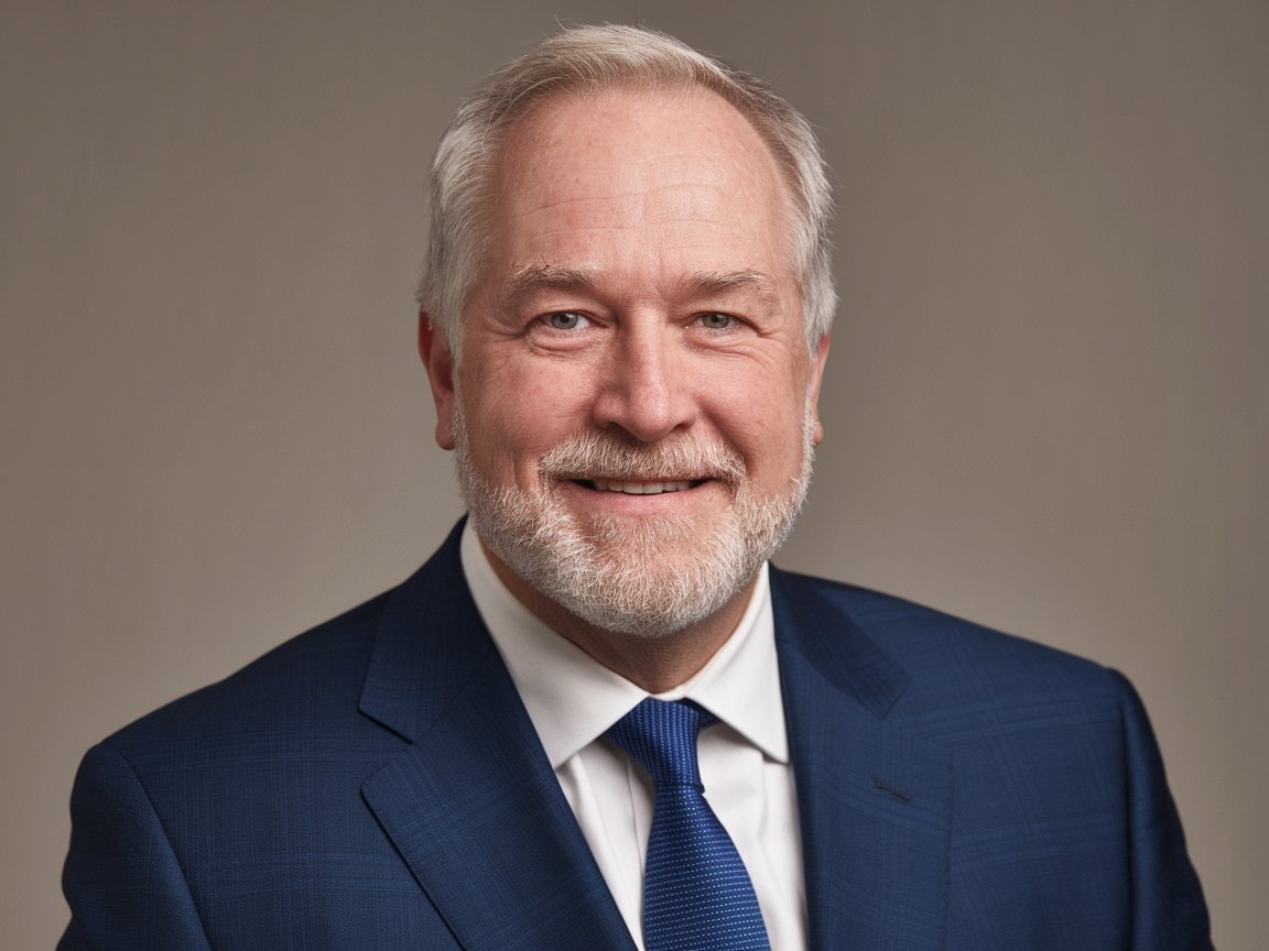 A man with light gray hair and a beard in a blue suit, smiling confidently.