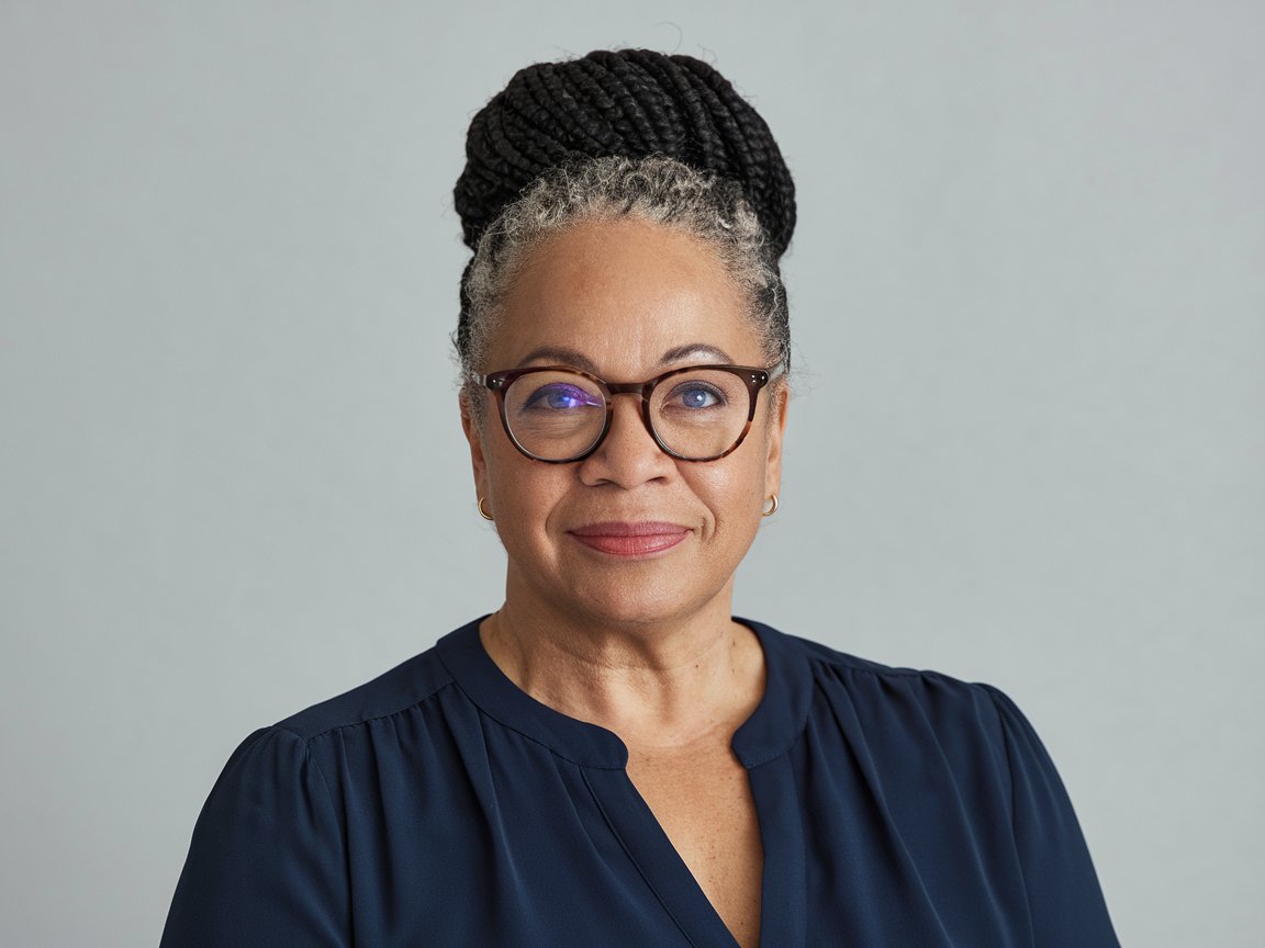 A woman with box braids worn up in a bun, wearing a blue blouse and a subtle smile.