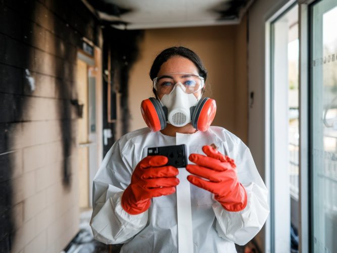 A woman wearing protective gear, including a respirator mask, goggles, and red gloves, stands in a fire-damaged building.