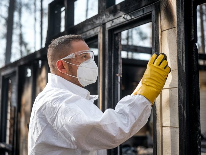 A man in a protective white suit, yellow gloves, and a face mask inspects a fire-damaged building.